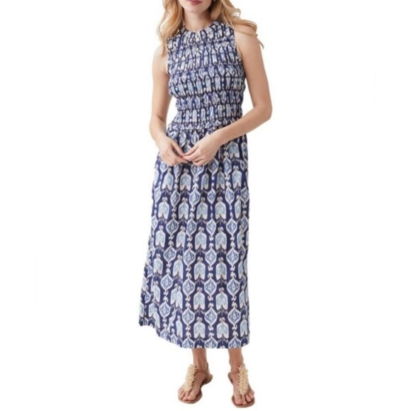 J. McLaughlin The Ciri Maxi Dress Blue Damask 100% Cotton Ruched Bodice Casual - Picture 2 of 14